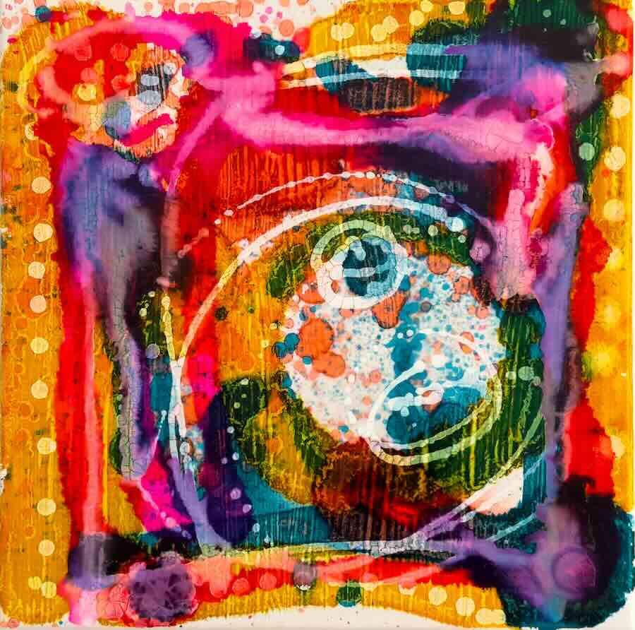 Abstract painting with vibrant colors and circular patterns.