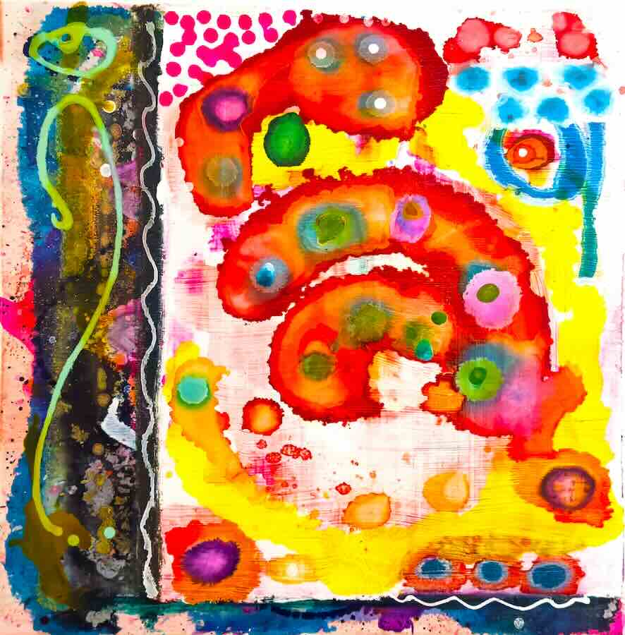 Colorful abstract painting with vibrant circles and patterns.