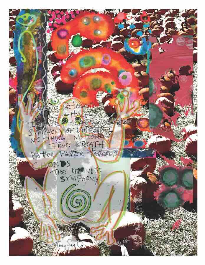 Colorful abstract art with text over pumpkins.