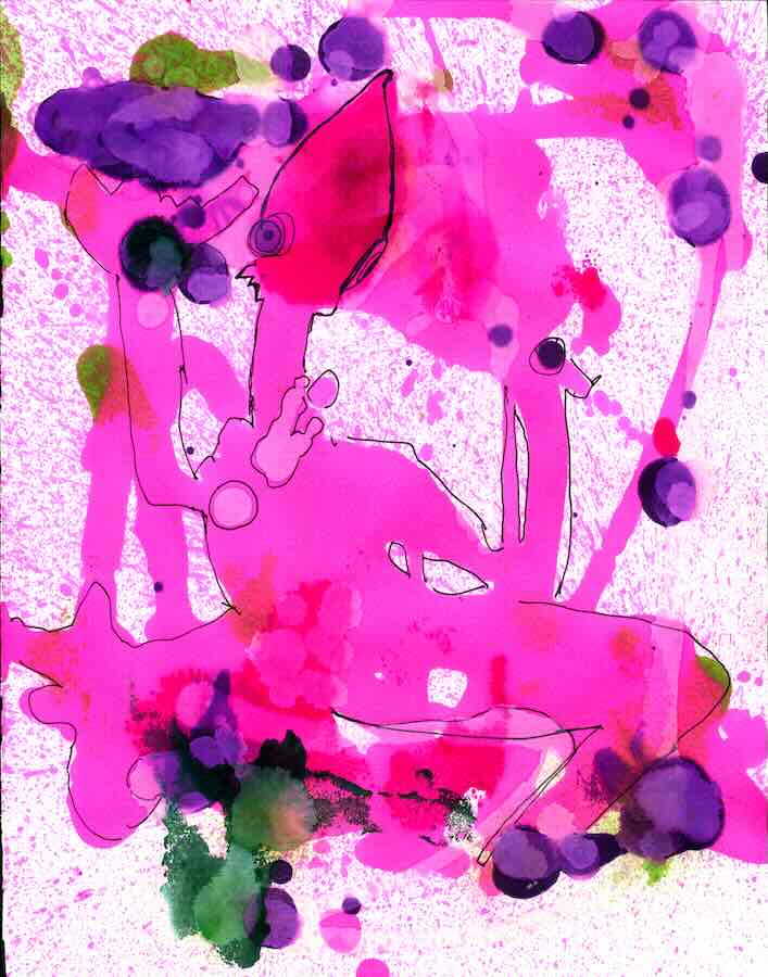 Abstract watercolor squid in pink and purple tones.