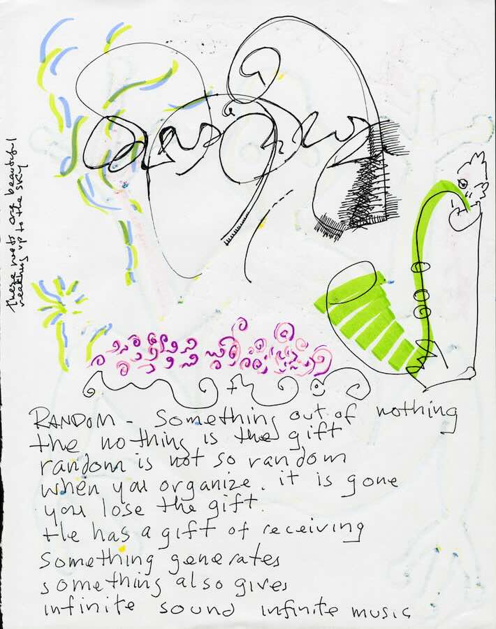 Abstract drawing with handwritten poem about randomness.