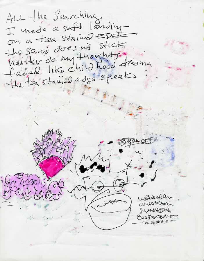 Handwritten poem with abstract doodles and sketches.