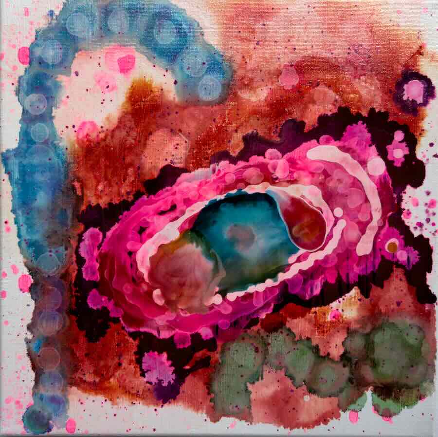 Abstract painting with vibrant colors and organic shapes.