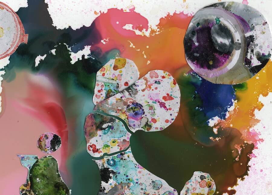 Colorful abstract painting with textured shapes.