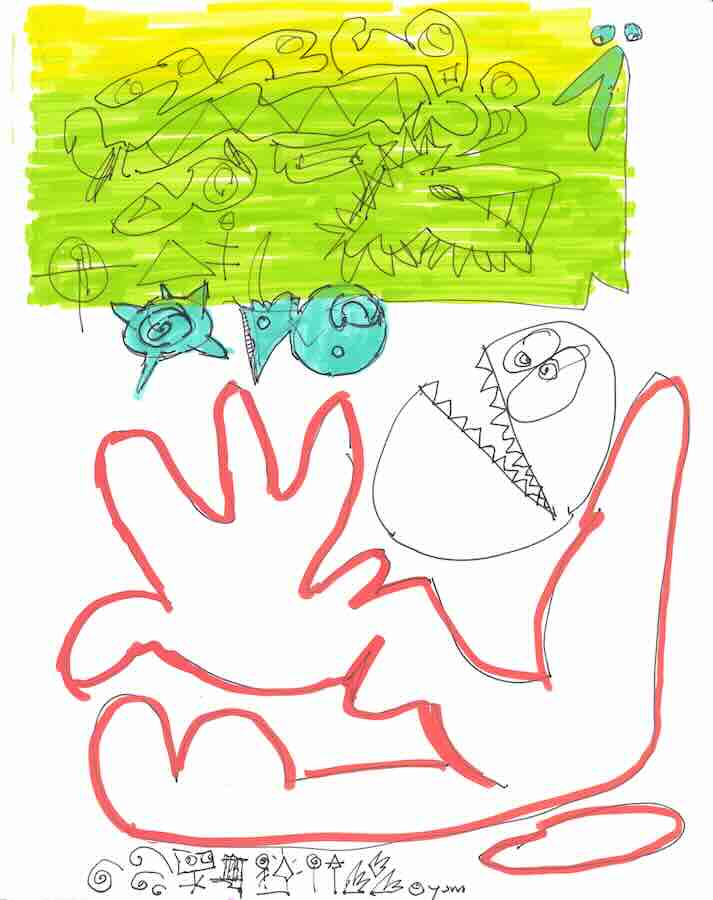 Colorful abstract doodle with creatures and shapes.