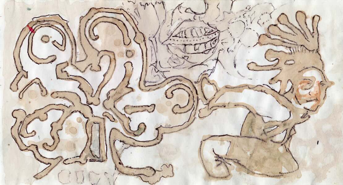 Abstract drawing with faces and intricate patterns.