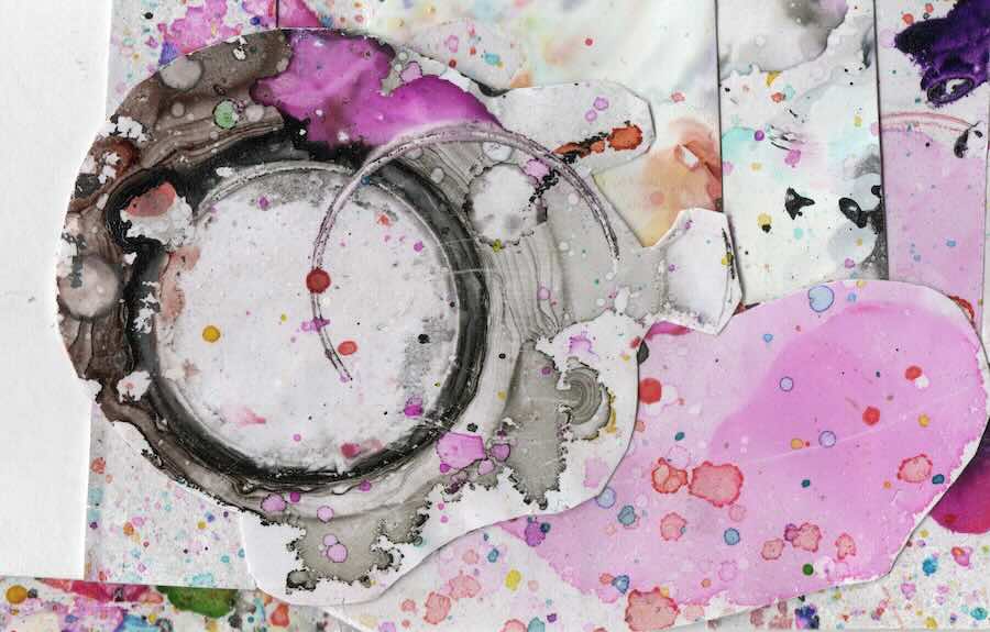 Abstract art with colorful splatters and shapes.